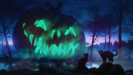 Happy Halloween! - pumpkin, cat, fantasy, pisica, blcak, halloween, luminos, blue, green