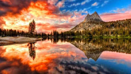 Yosemite NP - national park, reflections, beautiful, mountain, sunset, tranquility, Yosemite, serenity, fiery, lake, sky