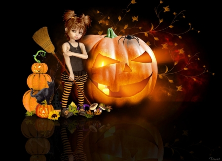 Halloween - child, lights, spider, pumpkins, artwork, broom, night