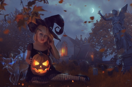 Halloween Night - artwork, girl, angel, pumpkin, light, lantern, leaves, witch, statue