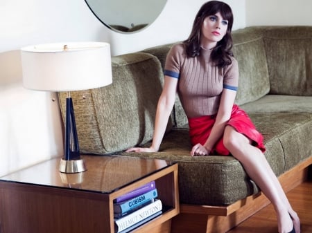 Alison Brie - skirt, 2017, actress, sofa, alison, wallpaper, sweater, model, legs, alison brie, beautiful, brie