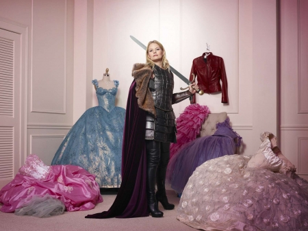 Once Upon a Time (TV Series 2011– ) - poster, blue, emma swan, dress, girl, sword, pink, actress, knight, tv sereis, jennifer morrison, woman