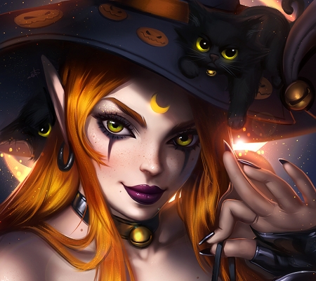 Witch and kittens - moon, redhead, cat, black, pisica, fantasy, wotch, kitten, face, halloween, art, luminos, animal, ayyasap, luna