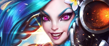 Jinx - game, amethyst, league of legends, blue, girl, eyes, pink, jinx, fantasy, face, luminos