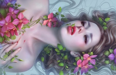 Beauty is on the inside - helga helleborus, girl, flower, pink, frumusete, fantasy, green, helga-hertz, art, luminos