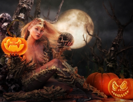 Halloween - black, halloween, dark, girl, pumpkin, luna, skull, fantasy, shibashake, moon, orange, hand, luminos