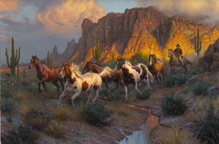 Legends of the West - running, legends, horse, west, pictura, animal, cowboy, painting, mark keathely, art