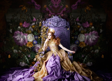 Queen - woman, girl, tale, throne, model, purple, queen, alexia sinclair, flower