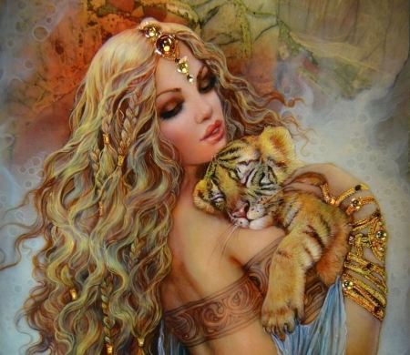 Beauty with tiger cub - dancer, cub, girl, blonde, orange, tiger, frumusete, fantasy, animal, paw, woman, cute, tigru, golden, art, luminos