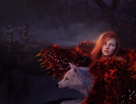 Girl with wings and wolf - redhead, girl, lup, wings, night, shibashake, fantasy, wolf, anima, luminos, red