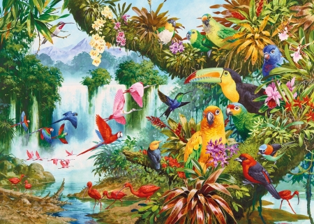 Exotic birds - papagal, colorful, bird, exotic, painting, art, jungle, parrot, pictura