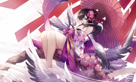 Angel - girl, lyodi, pink, umbrella, anime, feather, wings, manga