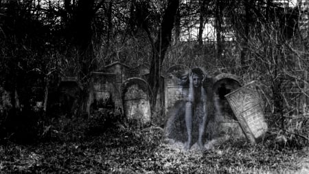 ghost in dispair - cemetary, ghost, tree, tombstone