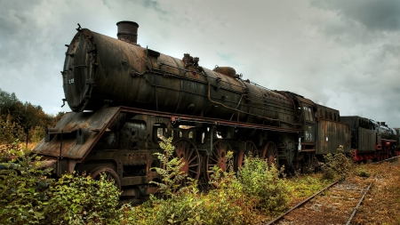 train graveyard - train, grass, track, graveyard