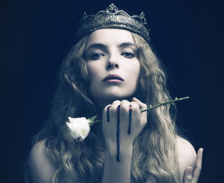 The White Princess (TV Mini-Series 2017– ) - bloo, tv series, girl, blonde, Jodie Comer, actress, black, white, the white princess, hand, woman, rose