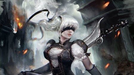 After the battle - white, fantasy, black, nier automata, alexandra cvetkova, luminos, girl, art