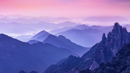 Foggy morning - fog, blue, morning, pink, mountain, peisaj, toamna, autumn, mist