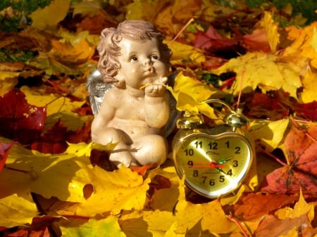 Autumn time - yellow, autumn, figurine, angel, clock, orange, leaf