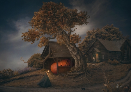 Heavy Halloween - pumpkin, funny, fantasy, witch, halloween, art, megan arts, luminos, tree