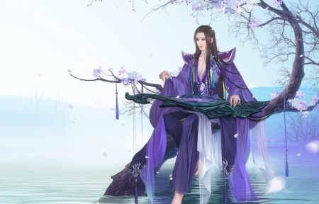 Sound of solitude - purple, instrument, feimo, blue, fantasy, prince, asian, luminos, man