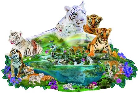 Tigers by the pool - fantasy, water, cub, summer, blue, tiger, luminos