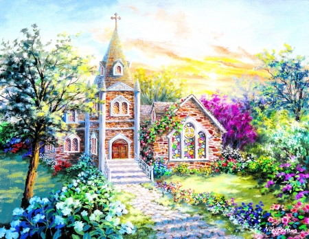 Church - nicky boehme, flower, pink, church, pictura, green, painting, art, luminos