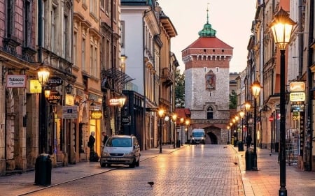 Florianska Street in Krakow, Poland - street, Poland, tower, houses, Krakow