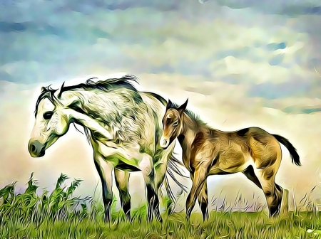 MARE AND FOAL FRACTAL - foal, mare, fractal, abstract