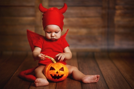 Ready for Halloween - costume, pumpkin, child, copil, horns, halloween, baby, red, orange, cute, demon