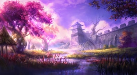 Castle - purple, fantasy, pink, tree, castle, luminos, blue, art