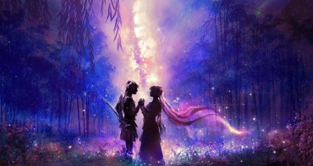 Lovers - forest, pink, girl, lovers, night, blue, fantasy, luminos, couple, man