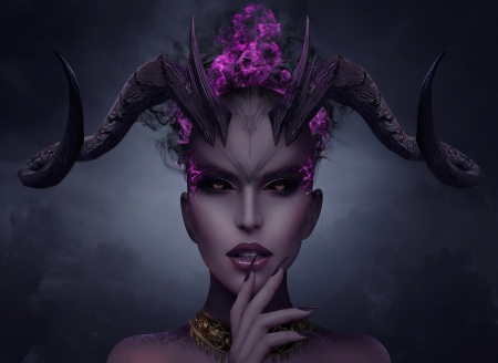 Desire demon - girl, black, ivaran, horns, face, purple, dark, pink, hand, luminos, succubus