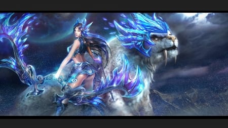 Fantasy girl - moon, game, blue, girl, pink, tiger, creature, fantasy, white, luminos, luna