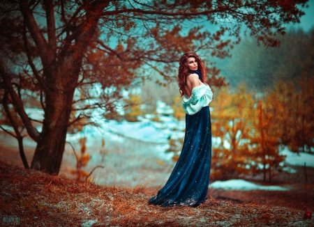 Autumn beauty - blue, woman, autumn, model, girl, svetlana belyaeva, orange, tree