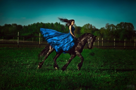 Gone with the wind - woman, girl, model, wind, horse, blue, svetlana belyaeva, green, dress