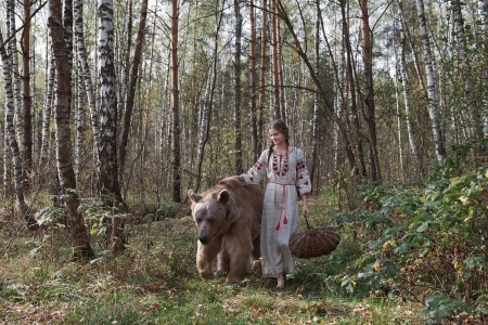 Friends - woman, girl, bear, basket, urs, model, forest, animal, tree, olga barantseva