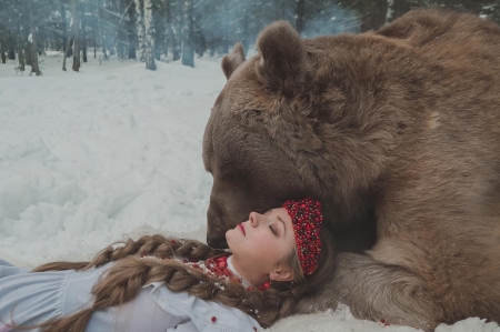 Beauty and the beast - winter, snow, girl, bear, katerina plotnikova, urs, animal, redhead, woman, model