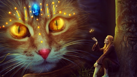 The guardian - pisica, fantasy, buttefly, cat, luminos, girl, night, eyes