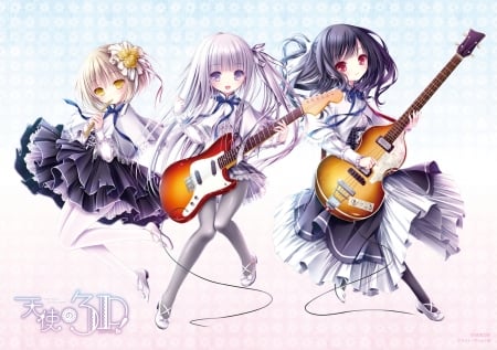 Rockin' Girls - flute, sora, gotou, guitar, anime friends, anime girl, bass, big eyes, red eyes, nozomi momijidani, anime, sora kaneshiro, purple eyes, silver hair, jun gotou, yellow eyes, momijidani, jun, instruments, blushing, long hair, purple hair, loli, tenshi no three piece, nozomi, kaneshiro, smile