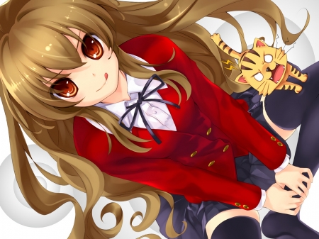 Taiga Aisaka - Toffee Eyes, Tiger, Toradora, Tongue Out, Anime Girl, Taiga Aisaka, Smile, Anime, Aisaka, Long Hair, Taiga, School Uniform, Seifuku, Caramel Hair, Big Eyes