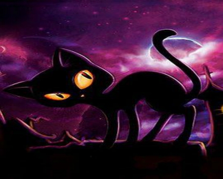 Purple Kitty - black, purple, Hallowen, art, cat