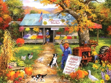 Farmer's Market - attractions in dreams, scarecrow, autumn, animals, fruits, nature, pumpkins, love four seasons, market, leaves, colors, paintings, flowers, farms, fall season