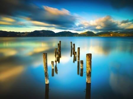 Blue Lake - sky, lake, pier, sunset