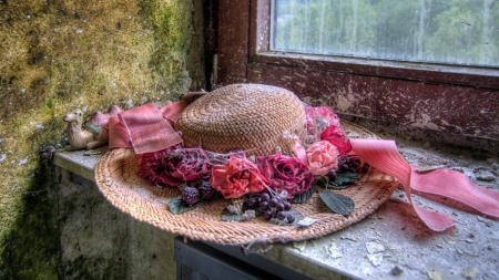 Still Life - hat, flowers, still life, window