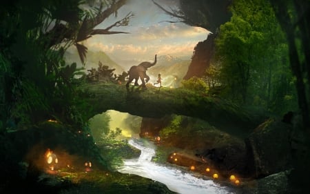 Jungle book - elephant, art, luminos, boy, jungle book, mowgli, fantasy