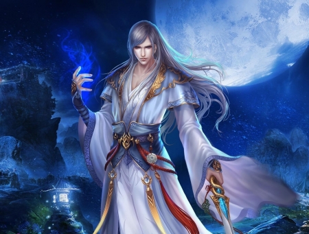 Prince of the night - moon, game, blue, night, man, fantasy, white, asian, luminos