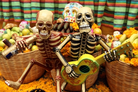 Dia de los muertos - halloween, guitar, yellow, orange, instrument, dia de los muertos, skeleton