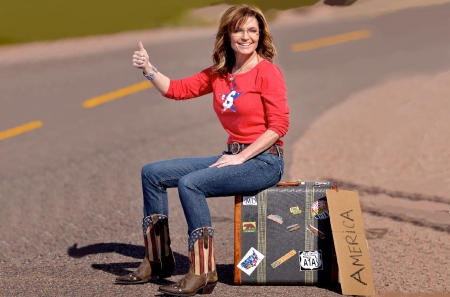 Hitching A Ride . . - style, sign, girls, western, women, highway, outdoors, sarah palin, brunettes, cowgirl, suitcase, fun, female, america, boots