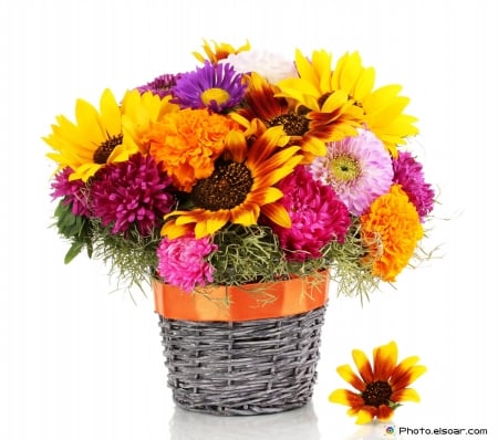 Lovely flowers bouquet - basket, flowers, yellow, red