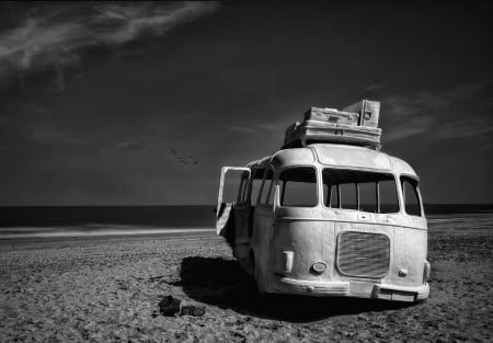 beached bus - bus, beach, sand, ocean